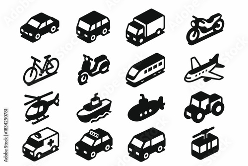 Isometric icons set: diverse vehicles including car, bus, train, and helicopter