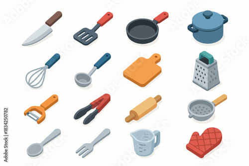 Isometric kitchen utensils collection with tools and cookware