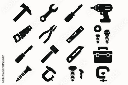 Collection of black tool icons featuring hammer, wrench, saw, and more