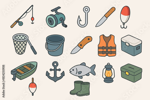 Colorful fishing icon set featuring gear and equipment elements