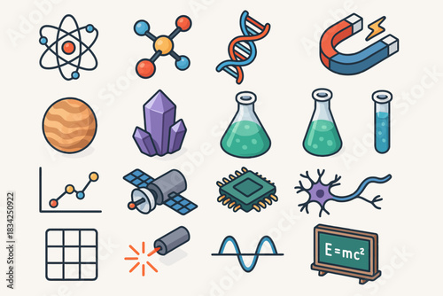 Science icons collection featuring atoms molecules dna and laboratory equipment
