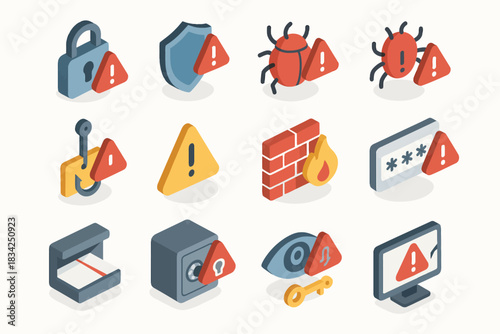 Isometric security alert icons featuring locks, bugs, and firewalls