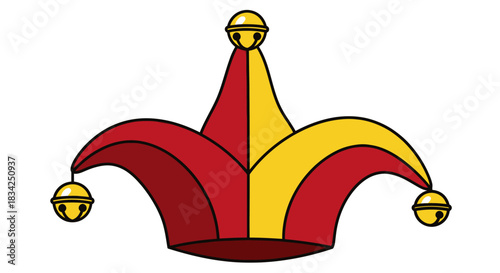 Colorful Jester Hat with Bells Red and Yellow Fabric Traditional Fools Cap.