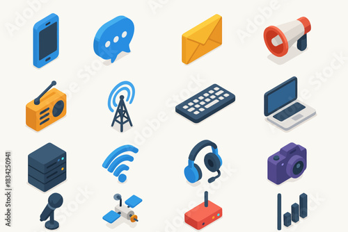 Isometric communication icons: phone, computer, technology, devices, network