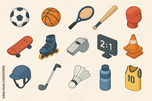 Collection of various sports equipment icons including ball, racket, skateboard, and more