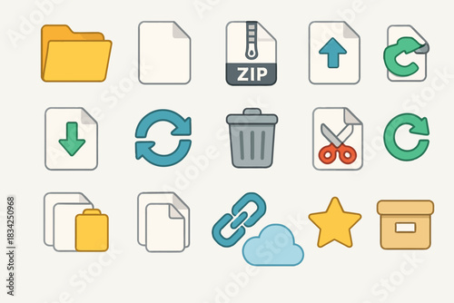 Colorful file management icons for folders, zip, upload, download, and more