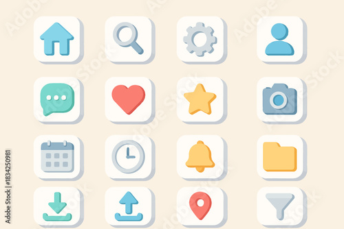 Minimalist flat design icon set: home, heart, camera, calendar, light bulb