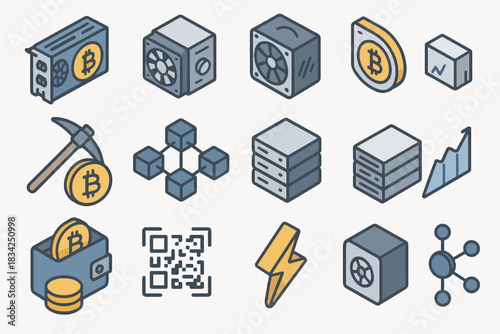 Crypto mining icons featuring bitcoin symbols and blockchain elements