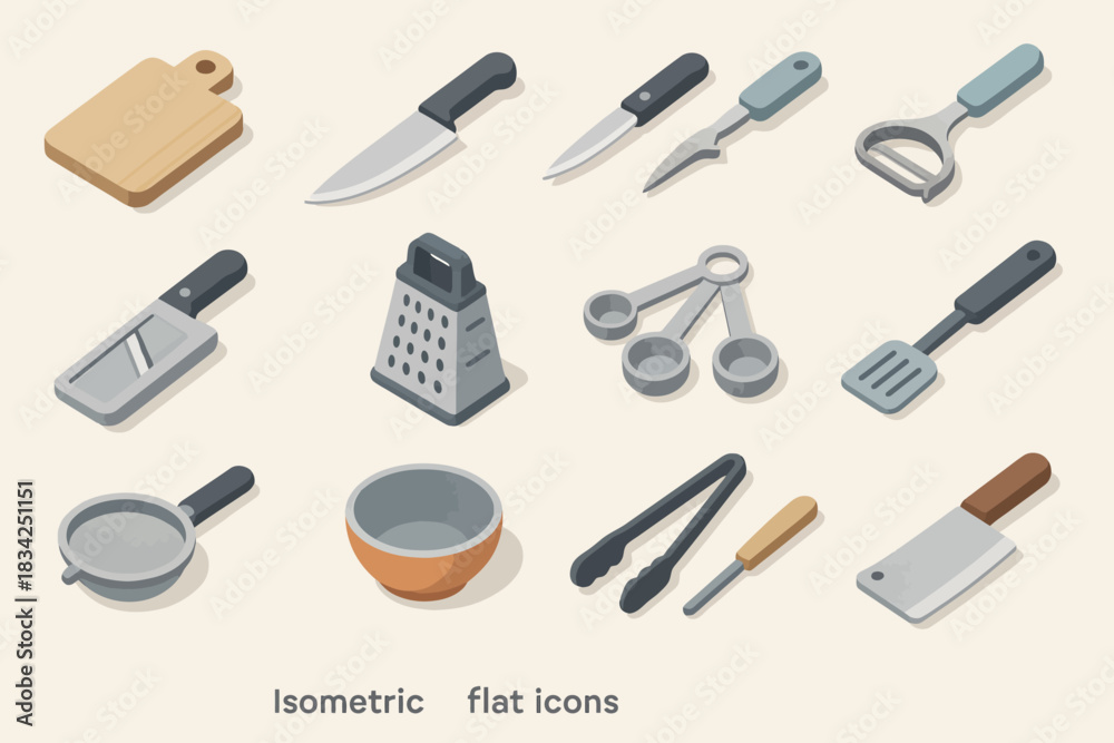 Obraz premium Isometric kitchen utensils: knife, grater, peeler, cutting board, bowl in flat design