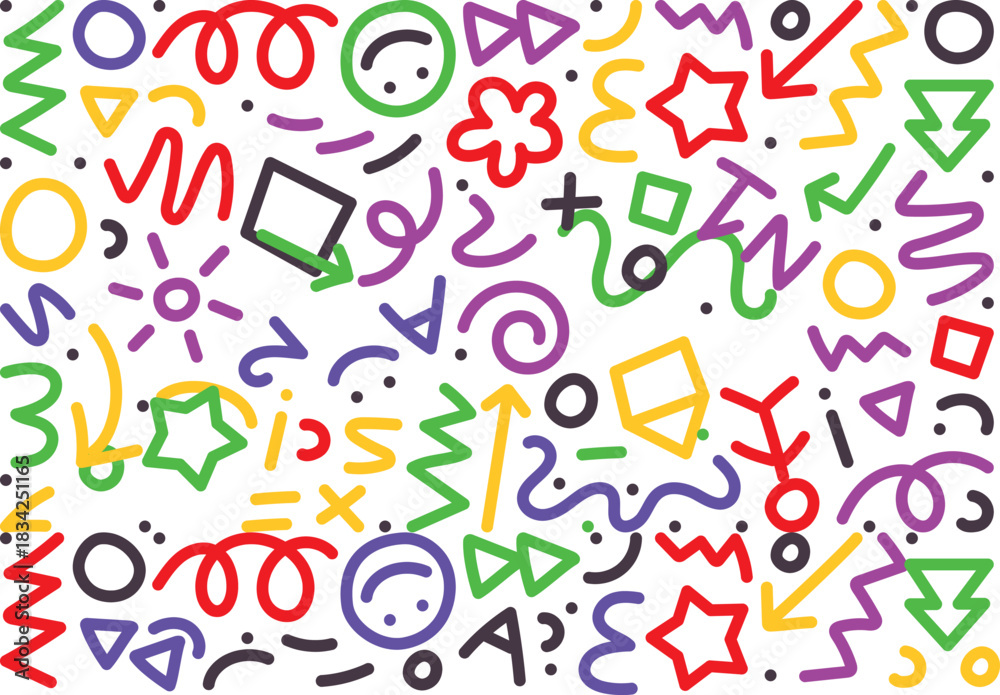 Fototapeta premium Funky crayon drawn geometric shapes and lines. Colorful pencil or chalk drawn naive Swiss design aesthetic. Basic geometric shapes, dots, playful pattern, primitive forms and figures