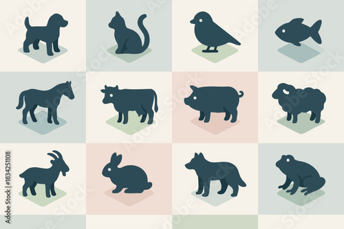 Silhouette collection of twelve farm and domestic animals on colored backgrounds