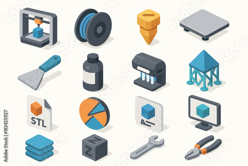 Isometric icons of 3d printing tools and components