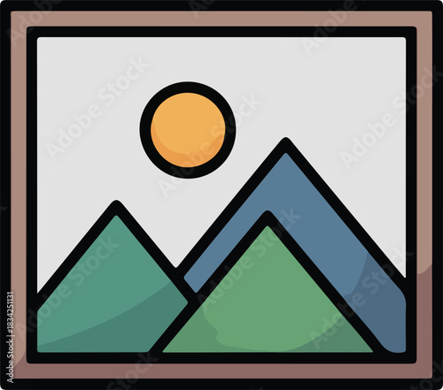 Landscape picture frame vector icon showing mountains and sun within a brown border isolated on a dark background