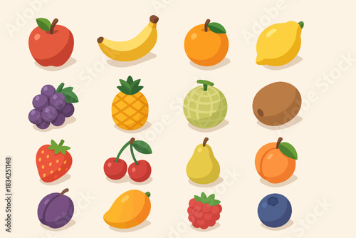 Colorful cartoon fruit collection featuring 16 diverse varieties on light background