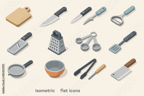 Isometric kitchen utensils: knife, grater, peeler, cutting board, bowl in flat design