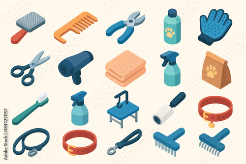 Pet grooming tools collection: brushes, combs, clippers, shampoo bottles, collars for dogs and cats
