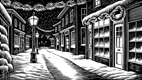 snowy street illuminated by festive garlands, black and white sketch lanterns, and glowing storefronts, creating a charming holiday atmosphere ideal for Christmas 2026 designs