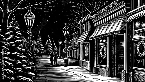 snowy street illuminated by festive garlands, black and white sketch lanterns, and glowing storefronts, creating a charming holiday atmosphere ideal for Christmas 2026 designs