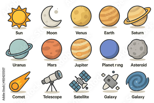 Collection of celestial bodies and space objects illustrations