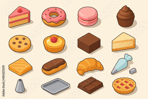 Assorted baked goods and pastry icons including cake, donut, macaron, and chocolate bar