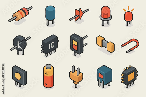 Isometric electronics: diverse components collection in vector style