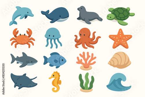 Colorful marine life collection: whales, sharks, turtles, and more