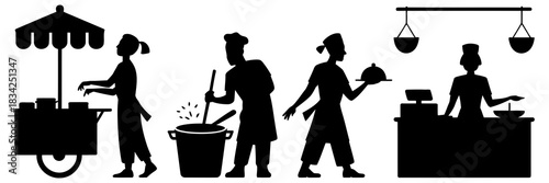 Street food vendors preparing and selling food silhouette