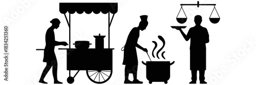 Street food vendor silhouette cooking and serving food
