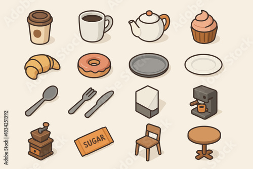 Assorted cafe items: coffee, teapot, cupcake, pastry, utensils, espresso machine