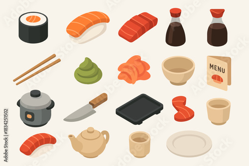 Assorted japanese sushi elements: nigiri, soy sauce, sashimi, and tableware icons