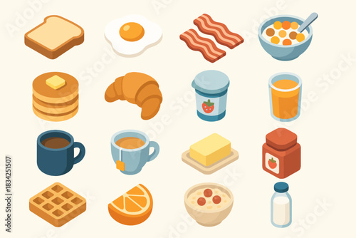 Assorted breakfast items: eggs, bacon, bread, cereals, and more