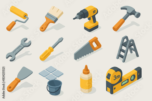 Isometric construction tools set: hammer, drill, saw, wrench, ladder, roller