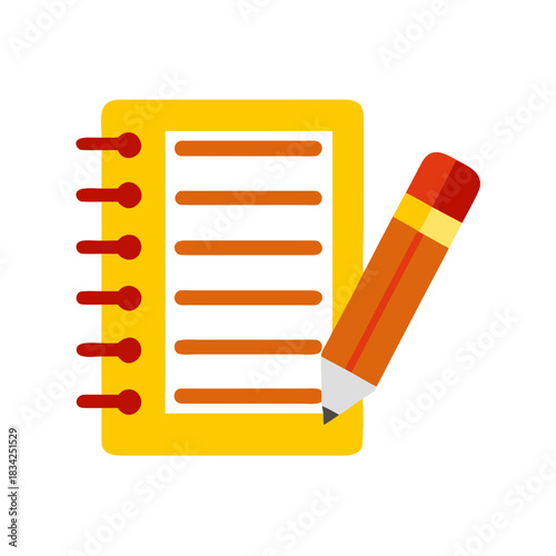 A stylized notebook with spiral binding and a pencil poised for writing