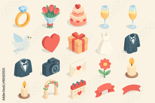 Wedding icons set: rings, flowers, cake, dove, gifts, attire, and celebration decor