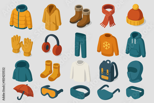 Colorful winter clothing and accessories collection for cold weather