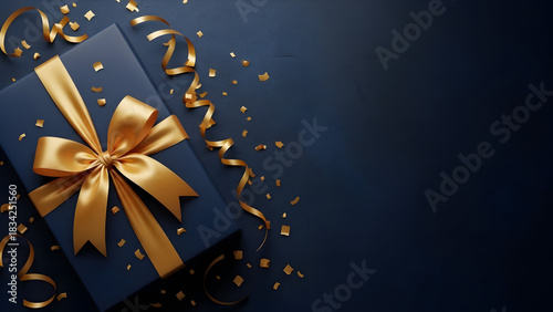 Elegant dark blue gift box with golden ribbon and confetti