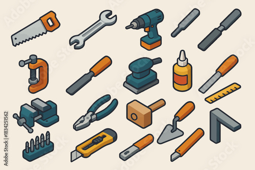 Collection of colorful isometric tools and equipment for diy projects