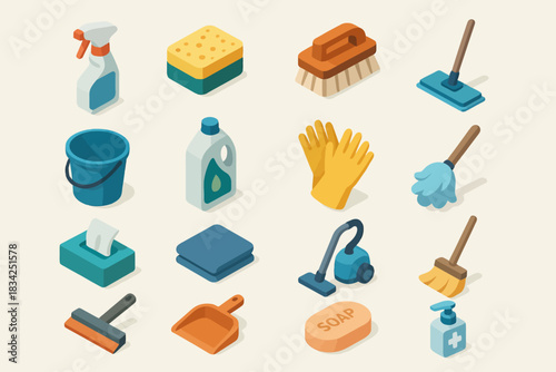 Household cleaning supplies collection with gloves, mop, and soap