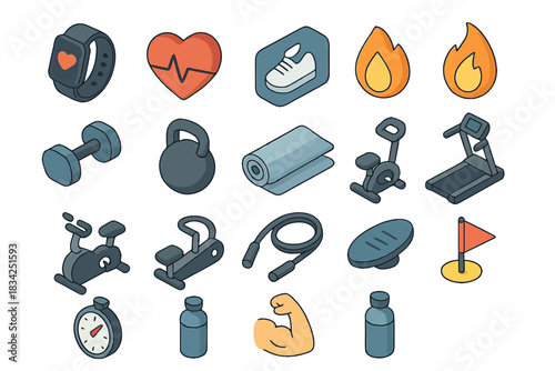 Fitness icon set: equipment and health symbols