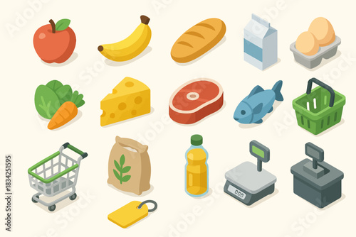 Isometric grocery icons: fruit, vegetables, dairy, meat, shopping items