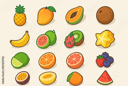 Colorful cartoon fruits collection featuring tropical and citrus varieties