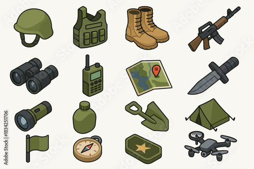 Set of military equipment icons including helmet, rifle, and compass