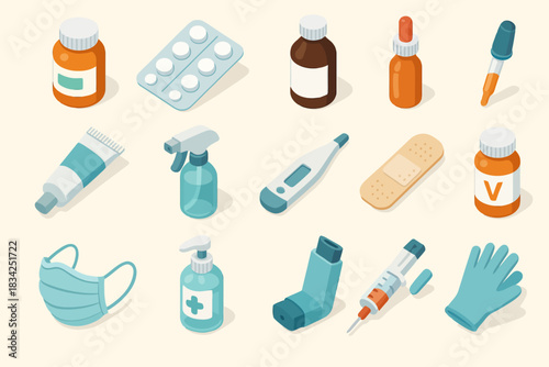 Healthcare essentials: medication, thermometer, medical mask, gloves, syringe, inhaler, bandage