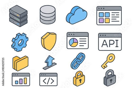 Colorful technology icons: database, cloud, security, api, and more
