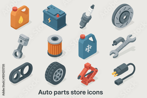 Set of isometric auto parts icons featuring battery, tools, and spare parts