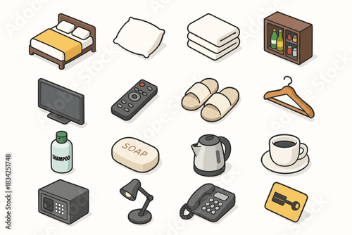 Isometric hotel room essentials collection including bed, pillow, slippers, television, and more