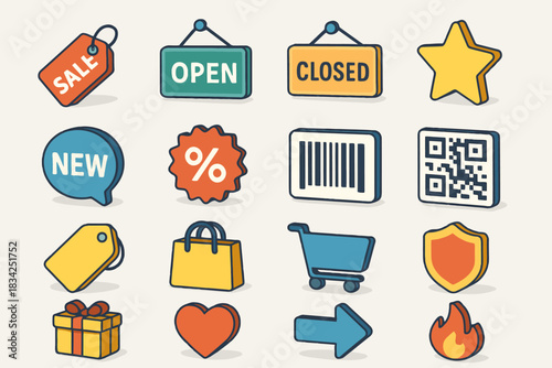 Colorful icon set featuring shopping cart, sale tag, and qr code symbols