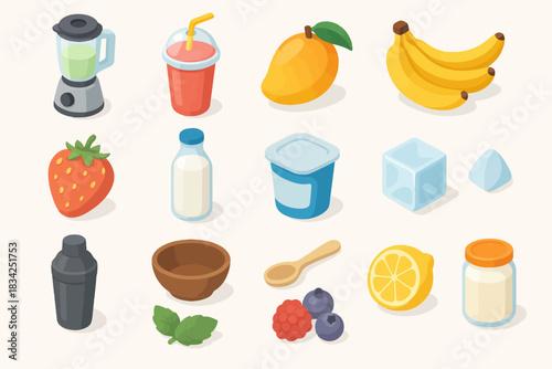 Colorful assortment of fruits, drinks, and kitchen items in isometric style