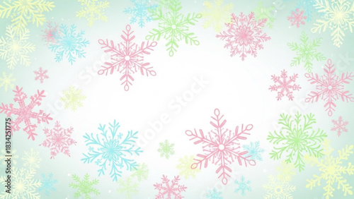 Soft pastel snowflakes falling gently on a light blue gradient background creating a whimsical winter wonderland scene perfect for holiday designs