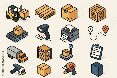 Logistics and shipping icons: forklift, pallet, box, conveyor, delivery truck